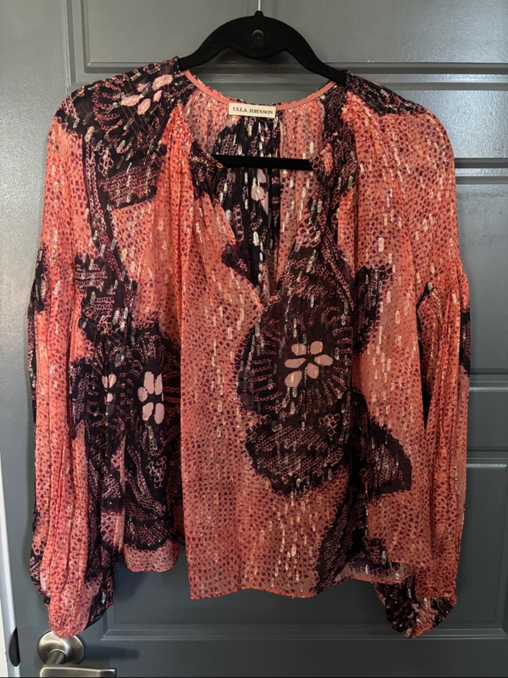Ulla Johnson Coral and Black Floral Peasant Top w/ Gold Accents